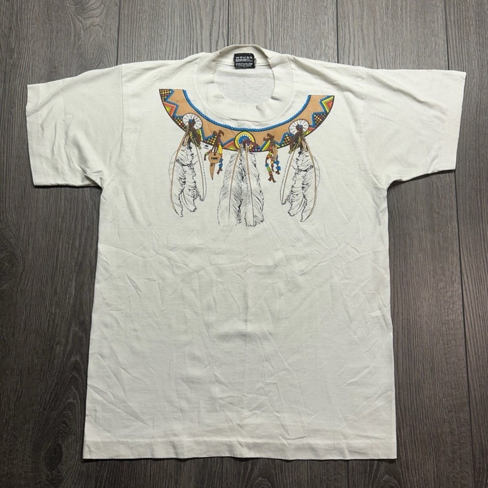 Vintage 1988 Native Graphic T-Shirt Feathers Mens Medium White  USA